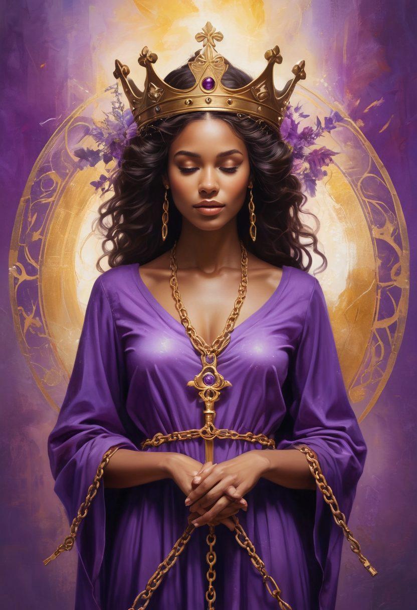 A powerful and confident woman standing tall, surrounded by symbols of empowerment like keys and crowns, exuding a sense of mastery and trust. The background features abstract swirls of purple and gold, representing the ecstatic journey of empowerment. Soft, ethereal light illuminates her, highlighting her strong posture and inviting smile. Incorporate elements of connection, such as intertwined hands or chains breaking apart. vibrant colors. surreal art.
