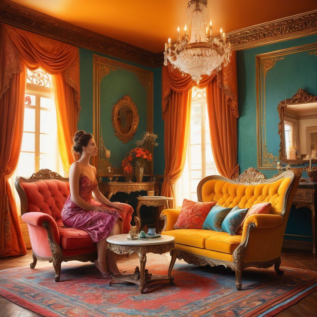 A captivating scene depicting a confident, empowered woman in a beautifully decorated room, engaging with her partner in a playful yet respectful manner, showcasing elements of fantasy like ornate furniture and soft lighting. There should be symbols of empowerment and joy in the design, highlighting the beauty of their bond. Incorporate rich colors and a whimsical atmosphere. vibrant colors. digital painting.